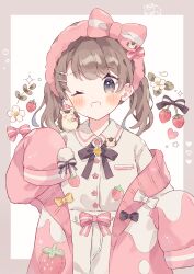 Rule 34 | absurdres, animal, animal on shoulder, blanche moka, blue eyes, border, bow, bow hairband, breast pocket, brooch, brown hair, cardigan, choppy bangs, collared shirt, commentary request, cowboy shot, dot nose, flower button, food, food print, four-pointed star, fruit, fruit print, grey border, grey bow, grey pants, grey ribbon, grey shirt, hair ornament, hairband, hairclip, hat, heart, heart print, highres, ibispaint (medium), indie virtual youtuber, jewelry, looking at viewer, multicolored cardigan, napo (napo illust), neck ribbon, off shoulder, one eye closed, open cardigan, open clothes, open mouth, oversized clothes, pants, petals, pink bow, pink cardigan, pink hairband, pocket, ribbon, santa hat, shirt, simple background, sleeves past fingers, sleeves past wrists, smile, star (symbol), star print, strawberry, strawberry print, striped bow, twintails, virtual youtuber, white background, white bow, white cardigan, yellow bow