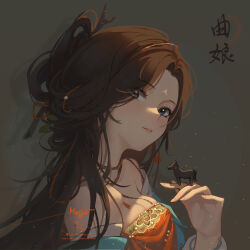 1girl bare_shoulders black_eyes black_hair breasts character_name chinese_text cleavage dress facial_mark fio_(kpsmile) forehead_mark from_side grey_background hair_branch hand_up jiu_niangzi long_hair looking_at_viewer looking_to_the_side medium_breasts off_shoulder parted_bangs parted_lips portrait red_dress reverse:1999 solo statuette