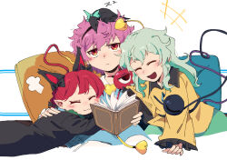 3girls :3 :d animal_ears black_hairband blush book cat_ears cat_girl closed_eyes closed_mouth extra_ears green_hair hairband heart heart_of_string highres holding holding_book kaenbyou_rin komeiji_koishi komeiji_satori long_sleeves messy_hair multiple_girls open_mouth pillow pink_hair red_eyes red_hair reiuji_utsuho reiuji_utsuho_(bird) shirt smile starjinxin third_eye touhou white_background yellow_shirt
