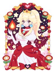 1girl blonde_hair blue_eyes crown dress earrings elbow_gloves fire_peach gloves highres jewelry long_hair looking_at_viewer mario_(series) meowwniz nintendo ponytail princess_peach puffy_short_sleeves puffy_sleeves self-upload short_sleeves smile solo sphere_earrings super_mario_3d_world white_dress white_gloves