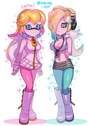 Rule 34 | 2girls, breasts, cephalopod eyes, company connection, crop top, fingerless gloves, gloves, headphones, highres, inkling, inkling girl, inkling player character, long hair, looking at viewer, marina (splatoon), mario (series), multicolored hair, multiple girls, nintendo, octoling, octoling boy, octoling player character, pearl (splatoon), princess peach, rosalina, smile, splatoon (series), splatoon 2, subway sum, suction cups, tentacle hair