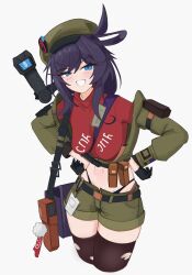 1girl ahoge bag beret black_panties black_thighhighs blue_eyes breasts brown_hat brown_jacket brown_shorts commentary_request girls&#039;_frontline girls&#039;_frontline_2:_exilium hand_up hat highleg highleg_panties highres jacket korean_commentary ksenia_(girls&#039;_frontline_2) lightning_ahoge long_hair looking_at_viewer midriff navel off_shoulder open_mouth panties pouch purple_hair red_shirt shirt short_shorts shorts solo stechkin_(girls&#039;_frontline) sweat thigh_pouch thighhighs torn_clothes torn_thighhighs underwear wwtkgg