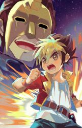 2boys amanogawa_ryuusei amanogawa_taiki belt belt_buckle belt_pouch big_bang_(kabutoborg) blonde_hair blue_shorts brown_belt brown_eyes brown_hair buckle child collared_jacket commentary_request father_and_son hair_between_eyes highres jacket jinzou_konchuu_kabutoborg_vxv kuroda_(kuro_yyy) male_focus mask multicolored_hair multiple_boys open_mouth pouch red_jacket serious shirt short_hair shorts smile standing two-tone_hair white_shirt wristband