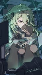1girl armor black_boots black_gloves black_ribbon black_skirt blurry boots brown_pantyhose character_doll cockpit commander_(nikke) depth_of_field doll fur-trimmed_shrug gloves goddess_of_victory:_nikke green_hair grey_leotard hair_between_eyes hair_ribbon hairband half-closed_eyes highres hugging_doll hugging_object hugging_own_legs kilo_(nikke) knee_pads lace-up_boots leotard light_smile long_hair long_sleeves mechanical_gloves monitor pantyhose pleated_skirt pouch ribbon sata_(satawahaha) shoulder_armor shrug_(clothing) sitting skirt twitter_username yellow_eyes yellow_hairband