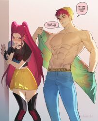 1boy 1girl abby_(kpop_demon_hunters) abs absurdres black_gloves blush boots choker commentary crop_top denim english_text eyeshadow fingerless_gloves gloves hashtag-only_commentary highres jeans kpop_demon_hunters makeup mira_(kpop_demon_hunters) niahti pants pink_hair pink_lips pink_nails purple_eyeshadow sidelocks skirt smile symbol-only_commentary thigh_boots twintails twitter_username undressing yellow_skirt