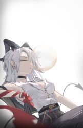 1girl absurdres black_choker black_horns black_pants black_tail blowing_bubbles choker closed_eyes commentary curled_horns demon_tail earrings eien_001 high-waist_pants highres horns jewelry key_earrings leaning_back necktie necktie_around_wrists pants red_necktie shirt shirt_tucked_in sitting solo tail torn_clothes torn_shirt white_background white_shirt wuthering_waves zani_(wuthering_waves)