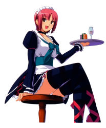 1girl apron blush breasts collar crossed_legs cup dress drinking_glass earrings female_focus footwear_ribbon highres jewelry koutaro large_breasts legs maid maid_apron maid_headdress panties pink_hair poker_chip ribbon rio_rollins shoes short_hair sitting smile solo stool super_blackjack thighhighs tray underwear waitress wine_glass zettai_ryouiki