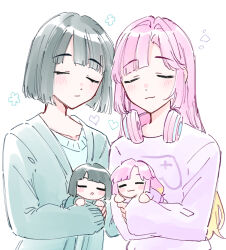 Rule 34 | 2girls, :/, :3, :o, anyoji hime, black hair, blonde hair, blue shirt, blunt bangs, blunt ends, blunt sidelocks, blush, blush stickers, bob cut, cardigan, closed eyes, closed mouth, collarbone, doll, facing viewer, flower symbol, game controller print, gradient hair, green cardigan, headphones, headphones around neck, heart, highres, holding, holding doll, link! like! love live!, long sleeves, love live!, momose ginko, multicolored hair, multiple girls, nesoberi, official alternate costume, open cardigan, open clothes, parted lips, pink hair, print shirt, purple shirt, shirt, short hair, sidelocks, simple background, sleepwear, sleeves past wrists, smile, squeans, virtual youtuber, white background, zangemiya