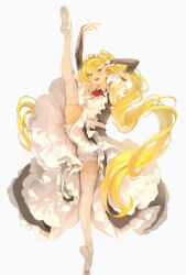 1girl absurdres apron armpits arms_up ballerina ballet ballet_slippers bangsom black_bridal_gauntlets blonde_hair blue_eyes bridal_gauntlets en_pointe full_body highres long_hair looking_at_viewer maid maid_headdress neck_ribbon nora_(bangsom) open_mouth original pantaloons red_ribbon ribbon simple_background smile solo split standing standing_on_one_leg standing_split teeth thighhighs upper_teeth_only upskirt v very_long_hair white_apron white_background white_thighhighs