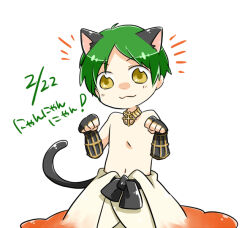 1boy :3 animal_ears black_gloves blush cat_boy cat_day cat_ears cat_tail closed_mouth clothes_around_waist commentary_request cowboy_shot cross cross_necklace cross_of_prontera fingerless_gloves gloves green_hair jewelry kemonomimi_mode looking_at_viewer male_focus nayuruonline necklace paw_pose ragnarok_online shirt shirt_around_waist short_hair simple_background smile solo sura_(ragnarok_online) tail topless_male translation_request white_background white_shirt yellow_eyes