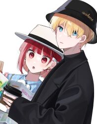 Rule 34 | 1boy, 1girl, arima kana, black hat, black jacket, blonde hair, blue eyes, blurry, blurry background, bob cut, bucket hat, commentary request, cup, disposable cup, earrings, hair between eyes, hat, highres, holding, holding cup, hoshino aquamarine, jacket, jewelry, korean commentary, long sleeves, looking at viewer, mismatched pupils, open mouth, oshi no ko, red eyes, red hair, short hair, sleeves past wrists, star-shaped pupils, star (symbol), symbol-shaped pupils, upper body, white hat, yojeong dimseom
