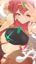 Rule 34 | 1girl, beach, breasts, closed mouth, commentary, from above, garry&#039;s mod (medium), highres, large breasts, looking at viewer, official alternate costume, ok sign, outdoors, photoshop (medium), pyra (pro swimmer) (xenoblade), pyra (xenoblade), red eyes, red hair, sculp2, smile, solo, standing, tiara, xenoblade chronicles (series), xenoblade chronicles 2
