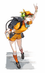 1girl :d alcohol arm_up ascot backpack bag baseball_cap beer beer_keg beer_tap belt blue_ascot box bracelet collared_shirt cup cup_holder disposable_cup drink full_body green_hair hair_bun hat herayoshi highres holding holding_cup jewelry kiki_(herayoshi) kneehighs leaning_forward looking_to_the_side open_mouth orange_hat orange_shirt orange_shorts orange_socks original pouring profile shirt short_hair shorts single_hair_bun smile socks solo sweat updo uriko_(baseball) v white_background wristband