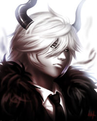 1boy artist_request bad_id bad_pixiv_id demon_boy funamusea haiiro_teien horns kcalb male_focus monster_boy necktie short_hair solo white_hair