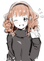 Rule 34 | 1girl, arm at side, bemani, black eyes, black hairband, black sweater, brown hair, eyelashes, hairband, long hair, long sleeves, looking at viewer, one eye closed, open mouth, pop&#039;n music, rie-chan, sgwyi, simple background, sketch, solo, sweater, upper body, white background