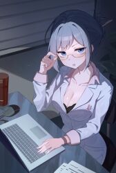 1girl bitseon blue_eyes borrowed_character breasts cleavage computer copyright_request glasses grey_hair highres laptop long_hair looking_at_viewer medium_breasts office office_lady on_chair sitting