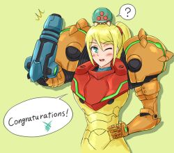 1girl 1other ? alien arm_cannon blonde_hair blue_eyes blush english_text engrish_text eyelashes female_focus hair_between_eyes hand_on_own_hip hand_up helmet high_ponytail long_hair metroid metroid_(creature) mole mole_under_mouth neck nintendo one_eye_closed ponytail power_suit ranguage samus_aran sidelocks simple_background speech_bubble spoken_question_mark standing swept_bangs turtleneck unworn_headwear unworn_helmet wakaba_(wata_ridley) weapon