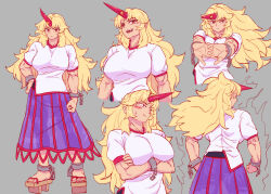 Rule 34 | 1girl, akuma (street fighter), arms under breasts, blonde hair, breasts, cracking knuckles, crossed arms, cuffs, fangs, from behind, grey background, highres, horns, hoshiguma yuugi, kaden (muxt8423), large breasts, long hair, looking at viewer, multiple views, muscular, muscular female, open mouth, pointy ears, pout, red eyes, shirt, short sleeves, shun goku satsu, simple background, single horn, skirt, street fighter, touhou, white shirt