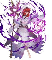 1girl aura barefoot breasts dark_aura fire_emblem fire_emblem:_mystery_of_the_emblem fire_emblem_heroes highres holding holding_staff lena_(fire_emblem) medium_breasts nintendo non-web_source nun official_alternate_costume official_art possessed red_eyes red_hair robe solo staff white_robe
