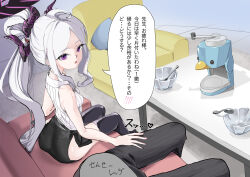 1boy 1girl absurdres ahoge ass back bainierbrat black_skirt black_thighhighs blue_archive breasts couch demon_girl demon_horns food formal_clothes highres hina_(blue_archive) horns indoors long_hair looking_at_viewer ponytail purple_eyes sensei_(blue_archive) shaved_ice shirt sitting skirt small_breasts spoon suit summer table thighhighs thighs translation_request white_hair white_shirt