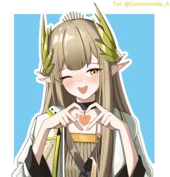 Rule 34 | 1girl, ;d, absurdres, arknights, black choker, blue background, blush, brown hair, chinese commentary, choker, commentary request, elf, four-finger heart hands, heart, heart hands, highres, long hair, looking at viewer, mole, mole under eye, muelsyse (arknights), muxuan, one eye closed, open mouth, outline, own hands together, pointy ears, simple background, smile, solo, twitter username, upper body, white outline, yellow eyes