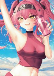 1girl absurdres alternate_costume aoi_(ayakaze_aoi) arm_up armpits bare_shoulders black_bow blue_sky bow breasts can commentary_request crop_top day drink_can hair_bow hair_ornament hairband highres holding holding_can long_hair lupa_(wuthering_waves) medium_breasts metal_hairband navel open_mouth outdoors pink_hair pink_shirt shirt sky sleeveless sleeveless_shirt smile solo stomach teeth twintails upper_teeth_only wuthering_waves yellow_eyes