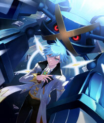 1boy blue_eyes blue_hair closed_mouth gem gen_3_pokemon highres jacket jewelry long_sleeves looking_at_viewer mega_metagross mega_pokemon metagross nintendo official_alternate_costume pants pokemon pokemon_(creature) pokemon_masters_ex red_eyes ring short_hair smile spiked_hair steven_stone steven_stone_(arc_suit) tsu_(md_tsune) white_jacket
