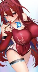 Rule 34 | 1girl, absurdres, ahoge, bare shoulders, black thighlet, blue fire, blue hair, breasts, cleavage, colored inner hair, commentary, elizabeth rose bloodflame, elizabeth rose bloodflame (holonatsu paradise), fingerless gloves, fingernails, fire, fire on chest, flower, gloves, highleg, highleg one-piece swimsuit, highres, hololive, hololive english, holonatsu paradise, huge ahoge, large breasts, lifeguard, lipstick, long hair, looking at viewer, makeup, multicolored hair, na nu 017, nail polish, official alternate costume, one-piece swimsuit, open mouth, red eyes, red gloves, red hair, red lips, red nails, red one-piece swimsuit, rose, smile, solo, swimsuit, symbol-only commentary, two-tone hair, very long hair, virtual youtuber