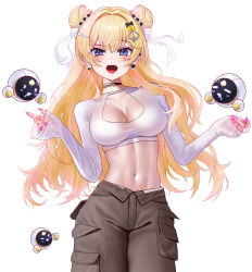 1girl absurdres baggy_pants blonde_hair breasts brown_pants cargo_pants character_request cleavage collarbone commentary_request copyright_request cropped_shirt double_bun eruthu fang hair_between_eyes hair_bun hair_intakes highres large_breasts looking_at_viewer open_fly open_mouth pants pink_nails shirt sleeves_past_wrists solo toned toned_female white_background white_shirt