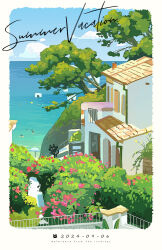 artist_name black_cat blue_sky building bush cat cloud commentary dated day english_commentary english_text flower highres horizon house huhv. no_humans ocean original outdoors pink_flower plant railing scenery sky summer tree