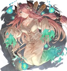 1girl alternate_costume ayacho blue_eyes braid breasts demon_horns draph ghost granblue_fantasy grave hair_ornament hair_over_one_eye highres hitodama horns japanese_clothes kimono large_breasts light_purple_hair long_hair low_tied_hair narmaya_(granblue_fantasy) pointy_ears purple_hair single_braid skull_hair_ornament solo tombstone triangular_headpiece white_kimono