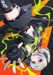 1girl absurdres anby_demara armpits bare_shoulders belt belted_skirt black_gloves black_headphones black_skirt black_thighhighs braid braided_sidelock breasts cowboy_shot electricity fingerless_gloves floating gloves green_jacket green_sleeves headphones highres holding holding_sword holding_weapon jacket kurenairan77 long_sleeves midair multicolored_sleeves navel open_mouth reaching reaching_towards_viewer screentones short_hair simple_background skirt sleeveless sleeveless_jacket solo sword thigh_belt thigh_strap thighhighs thighs upskirt weapon white_hair white_undershirt zenless_zone_zero zettai_ryouiki