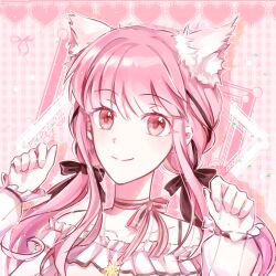 Rule 34 | 1girl, absurdres, animal ear fluff, animal ears, bare shoulders, bead necklace, beads, black bow, black ribbon, bow, bowtie, bra strap, brooch, brown eyes, choker, closed mouth, dot nose, eyelashes, fox ears, frilled shirt, frilled sleeves, frills, hair bow, hair ribbon, happy, heart, heart brooch, highres, infinity nikki, jewelry, ke31781815, kemonomimi mode, light blush, light particles, long hair, long sleeves, low twintails, necklace, nikki (nikki), nikki (series), off-shoulder shirt, off shoulder, paw pose, perfect start (infinity nikki), pink background, pink bow, pink bowtie, pink choker, pink hair, plaid background, puffy long sleeves, puffy sleeves, ribbon, see-through clothes, see-through sleeves, shadow, shirt, single stripe, sleeves past wrists, smile, solo, star (symbol), star necklace, striped bow, striped bowtie, striped choker, striped clothes, tress ribbon, twintails, upper body, very long hair, white shirt