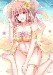 1girl alternate_costume anklet bare_shoulders beach bikini blush bracelet breasts cleavage fire_emblem fire_emblem_engage hair_ornament hair_ribbon hat highres jewelry kirishima_riona lapis_(fire_emblem) large_breasts looking_at_viewer navel nintendo open_mouth pink_eyes pink_hair plaid_bikini plaid_clothes red_eyes ribbon short_hair smile solo stomach sun_hat swimsuit white_ribbon yellow_bikini