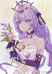 1girl absurdres bare_shoulders black_tiara castorice_(honkai:_star_rail) choker dress flower gloves hair_flower hair_ornament hair_ribbon highres holding holding_flower honkai:_star_rail honkai_(series) long_hair looking_at_viewer mimilinsky parted_lips pink_flower purple_choker purple_eyes purple_gloves purple_hair purple_ribbon ribbon smile solo tiara upper_body very_long_hair white_dress wrist_cuffs