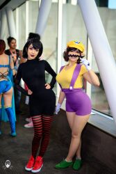 Rule 34 | 2girls, absurdres, black hair, black lips, blurry, blurry background, breasts, brown hair, bunny ayumi, cosplay, facial hair, fake ears, full body, gloves, hands on own hips, highres, hotel transylvania, large breasts, mario (series), mavis dracula, multiple girls, mustache, nintendo, overalls, real life, serious, shoes, shorts, smile, sneakers, susu jpg, swimsuitsuccubus, thighhighs, wario