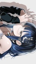 Rule 34 | 1girl, absurdres, arm tattoo, black sweater, blue hair, chiromi, choker, choppy bangs, ear piercing, fingernails, glasses, hair ornament, hairclip, hashtag-only commentary, highres, long fingernails, original, piercing, sidelocks, sleeves past wrists, solo, spiked choker, spikes, sweater, tattoo