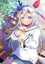 Rule 34 | 1girl, animal ears, bench, blue eyes, blue hairband, blue shorts, blurry, blurry foreground, blush, closed mouth, collarbone, commentary request, commission, crepe, day, depth of field, food, grey hair, hair between eyes, hairband, headband, heart, holding, holding food, horse ears, horse girl, horse tail, kou hiyoyo, licking lips, long hair, long sleeves, looking at viewer, off shoulder, on bench, outdoors, park bench, puffy long sleeves, puffy sleeves, red headband, shirt, shorts, sitting, skeb commission, sleeves past wrists, solo, tail, tamamo cross (umamusume), tongue, tongue out, umamusume, v-shaped eyebrows, very long hair, white shirt