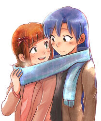 2girls amami_haruka blue_hair blue_scarf brown_coat brown_hair closed_mouth coat eye_contact hair_ribbon hand_up idolmaster idolmaster_(classic) kisaragi_chihaya long_hair long_sleeves looking_at_another multiple_girls open_clothes open_coat open_mouth red_ribbon ribbon scarf shared_clothes shared_scarf short_hair simple_background smile standing tsubobot upper_body white_background