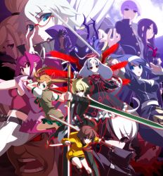 6+boys 6+girls ahoge black_hair blonde_hair box_art brown_hair byakuya_(under_night_in-birth) carmine_(under_night_in-birth) chaos_(under_night_in-birth) dual_wielding everyone french-bread full_moon glasses gordeau_(under_night_in-birth) green_eyes highres hilda_(under_night_in-birth) holding huge_ahoge huge_weapon kido_hyde knife linne_(under_night_in-birth) merkava_(under_night_in-birth) midriff moon multicolored_hair multiple_boys multiple_girls nanase_(under_night_in-birth) official_art orie_ballardiae_harada purple_eyes purple_hair rapier red-framed_eyewear red_eyes reverse_grip school_uniform scythe semi-rimless_eyewear short_hair smile sword tsukuyomi_(under_night_in-birth) twintails two-tone_hair under-rim_eyewear under_night_in-birth vatista_(under_night_in-birth) waldstein_(under_night_in-birth) weapon white_hair yoshihara_seiichi yuzuriha_(under_night_in-birth)