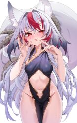 1girl animal_ear_fluff animal_ears bare_shoulders black_dress black_hair blush breasts clothing_cutout dress fox_ears fox_girl fox_tail gradient_hair hair_between_eyes highres large_tail long_hair looking_at_viewer multicolored_hair navel ninsaki_(9saki) original pelvic_curtain red_eyes red_hair rope simple_background sleeveless sleeveless_dress small_breasts solo stomach stomach_cutout streaked_hair tail tongue tongue_out very_long_hair white_background
