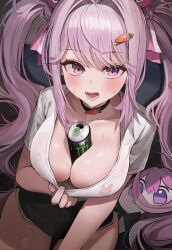 1girl :d alice_(nikke) black_choker black_shorts blance breasts can_between_breasts carrot_hair_ornament choker clothes_pull collarbone dolphin_shorts doro_(nikke) food-themed_hair_ornament goddess_of_victory:_nikke hair_ornament highres large_breasts monster_energy open_mouth pink_eyes pink_hair shirt shirt_pull shorts sitting smile solo sweat twintails white_shirt