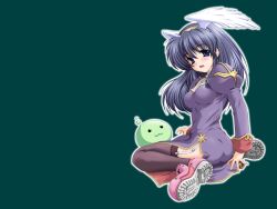 1girl 2000s_(style) :3 ass blue_eyes blue_hair blush bra breasts brown_thighhighs commentary_request cross dress fake_wings full_body game_available garter_straps green_background head_wings juliet_sleeves kazuma_muramasa long_hair long_sleeves looking_at_viewer looking_back medium_breasts open_mouth pink_shoes poporing priest_(ragnarok_online) puffy_sleeves purple_dress ragnarok_online shoes sitting slime_(creature) solo thighhighs underwear variant_set wariza wings