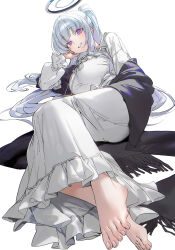 1girl absurdres ass barefoot black_shawl blue_archive blush commentary_request dress drive_shot feet frilled_dress frilled_sleeves frills from_below halo head_rest highres long_hair long_sleeves looking_at_viewer lying nightgown noa_(blue_archive) noa_(pajamas)_(blue_archive) official_alternate_costume official_alternate_hairstyle on_side ponytail puffy_long_sleeves puffy_sleeves purple_eyes revision shawl simple_background smile solo toenails toes very_long_hair white_background white_dress white_hair white_halo white_nightgown