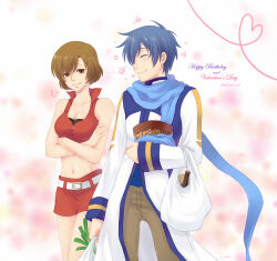 Rule 34 | 1boy, 1girl, bag, belt, blue scarf, blush, breasts, brown eyes, brown hair, brown pants, cleavage, coat, commentary request, crodire, crop top, crossed arms, dated, happy birthday, happy valentine, heart, holding, holding bag, kaito (vocaloid), medium breasts, meiko (vocaloid), miniskirt, pants, red shirt, red skirt, scarf, shirt, shopping bag, short hair, skirt, sleeveless, sleeveless shirt, spring onion, vocaloid, white belt, white coat