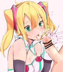 10s 1boy 1girl blonde_hair blush breasts censored cum cum_in_mouth fellatio green_eyes hacka_doll hacka_doll_1 hetero highres long_hair muoto open_mouth oral penis solo_focus tongue twintails