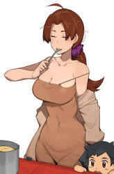 1boy 1girl aged_down alternate_breast_size ash_ketchum bare_shoulders breasts brown_hair child closed_eyes collarbone cooking curvy delia_ketchum dr_octojuice dress kitchen large_breasts mature_female mother_and_son nintendo pokemon pokemon_(anime) ponytail spoon standing wide_hips
