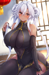 1girl alternate_costume black_thighhighs breasts brown_eyes china_dress chinese_clothes cleavage commentary_request dark-skinned_female dark_skin double_bun dress glasses grey_hair hair_bun highres jewelry kantai_collection lantern large_breasts mashiro_yukiya musashi_(kancolle) musashi_kai_ni_(kancolle) ring semi-rimless_eyewear side_slit solo thighhighs twintails wedding_ring window