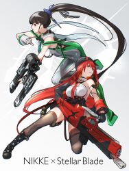 2girls absurdres arm_cannon bare_shoulders black_boots black_hair black_hat black_thighhighs bodysuit boots breasts commentary_request copyright_name crossover eve_(stellar_blade) full_body fune_(fune83ojj) goddess_of_victory:_nikke green_bodysuit grey_background gun hat high_ponytail highres holding holding_gun holding_weapon large_breasts long_hair multiple_girls ponytail rapi_(nikke) rapi_(red_hood)_(nikke) red_eyes red_hair simple_background stellar_blade thighhighs weapon white_bodysuit