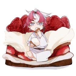 1boy barefoot blue_eyes cake character_request chibi code009 eating food food_request fruit full_body grey_eyes hair_ribbon hand_up holding holding_food in_food indian_style japanese_clothes kimono looking_at_viewer male_focus mini_person miniboy multicolored_hair open_mouth pink_hair ponytail ribbon sash shanhai_jing_hua simple_background sitting solo strawberry two-tone_hair white_background white_hair white_kimono